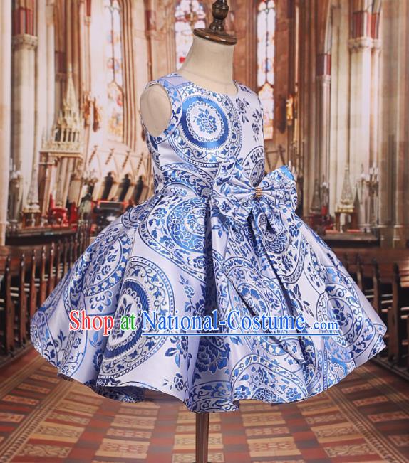 Professional Girls Catwalks Waltz Dance Printing White Dress Modern Fancywork Compere Stage Show Costume for Kids