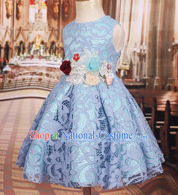 Professional Girls Catwalks Waltz Dance Blue Lace Dress Modern Fancywork Compere Stage Show Costume for Kids