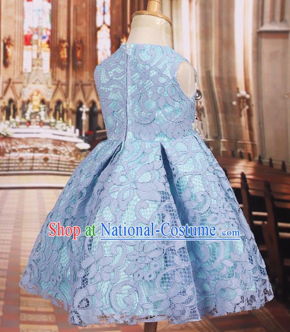 Professional Girls Catwalks Waltz Dance Blue Lace Dress Modern Fancywork Compere Stage Show Costume for Kids