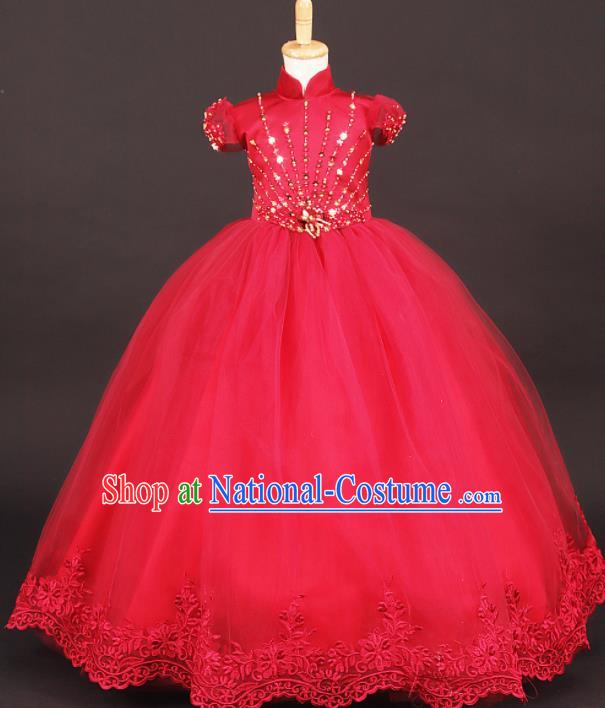 Professional Girls Catwalks Waltz Dance Rosy Veil Long Dress Modern Fancywork Compere Stage Show Costume for Kids