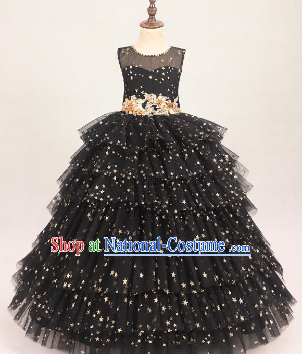 Professional Girls Catwalks Waltz Dance Black Veil Long Dress Modern Fancywork Compere Stage Show Costume for Kids