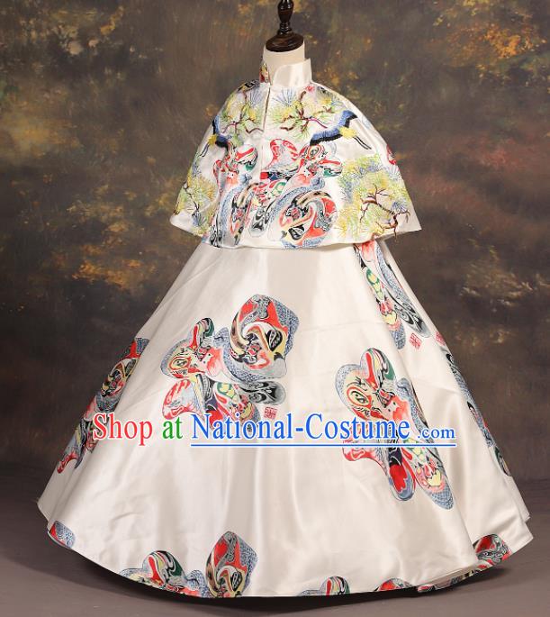 Chinese Stage Performance Catwalks Embroidered White Full Dress Modern Fancywork Dance Costume for Kids