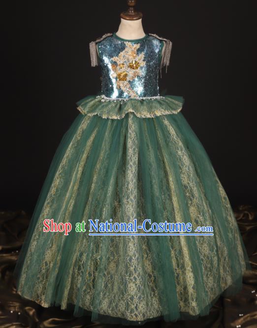 Professional Catwalks Stage Show Dance Green Veil Dress Modern Fancywork Compere Court Princess Costume for Kids