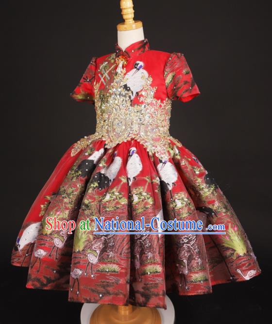 Chinese Stage Performance Catwalks Printing Red Full Dress Modern Fancywork Dance Costume for Kids