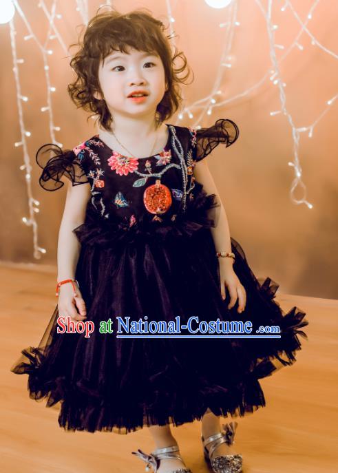 Professional Girls Catwalks Black Veil Dress Modern Fancywork Compere Stage Show Costume for Kids