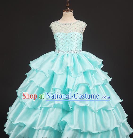 Professional Girls Catwalks Light Blue Dress Modern Fancywork Compere Stage Show Costume for Kids