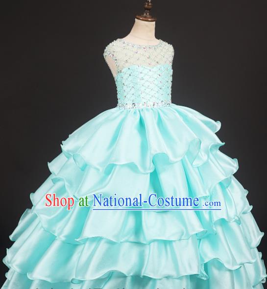 Professional Girls Catwalks Light Blue Dress Modern Fancywork Compere Stage Show Costume for Kids