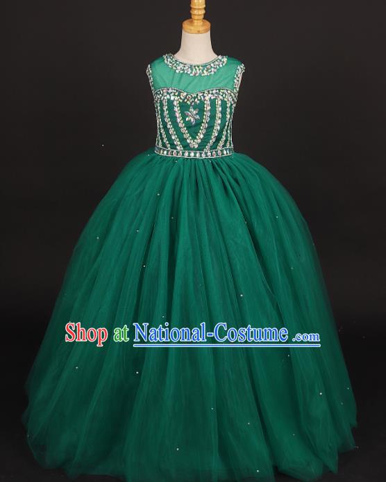 Professional Girls Catwalks Green Veil Dress Modern Fancywork Compere Stage Show Costume for Kids