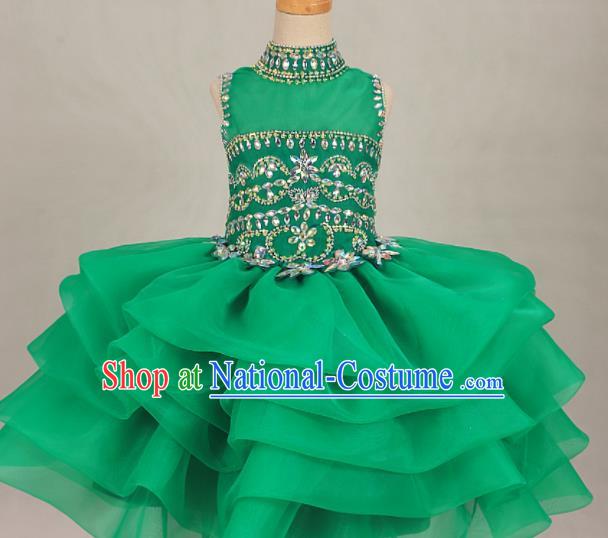 Professional Girls Catwalks Green Veil Bubble Dress Modern Fancywork Compere Stage Show Costume for Kids