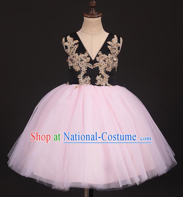 Professional Girls Catwalks Pink Veil Bubble Dress Modern Fancywork Compere Stage Show Costume for Kids