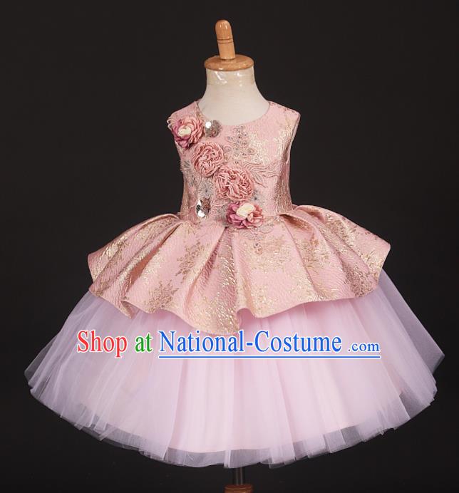 Professional Girls Catwalks Pink Veil Short Dress Modern Fancywork Compere Stage Show Costume for Kids