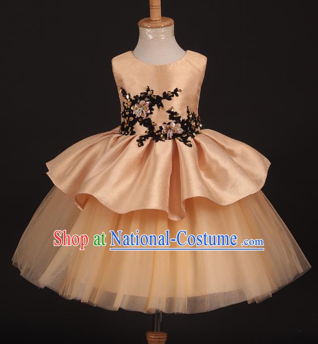 Professional Girls Catwalks Golden Short Dress Modern Fancywork Compere Stage Show Costume for Kids