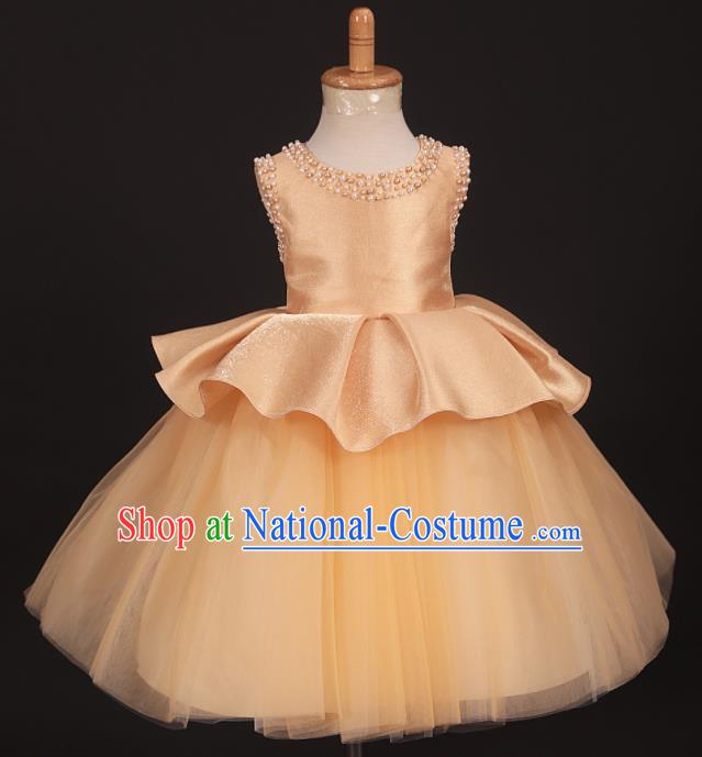 Professional Girls Catwalks Golden Veil Short Dress Modern Fancywork Compere Stage Show Costume for Kids