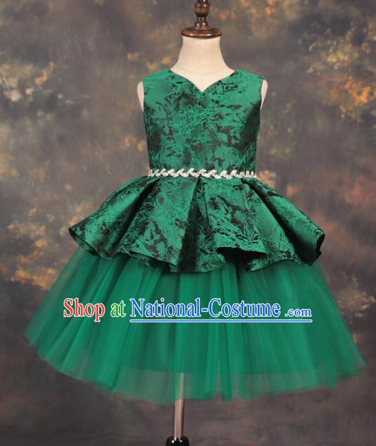 Professional Girls Catwalks Green Veil Short Dress Modern Fancywork Compere Stage Show Costume for Kids