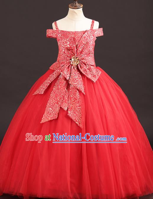 Professional Girls Catwalks Red Veil Trailing Dress Modern Fancywork Compere Stage Show Costume for Kids