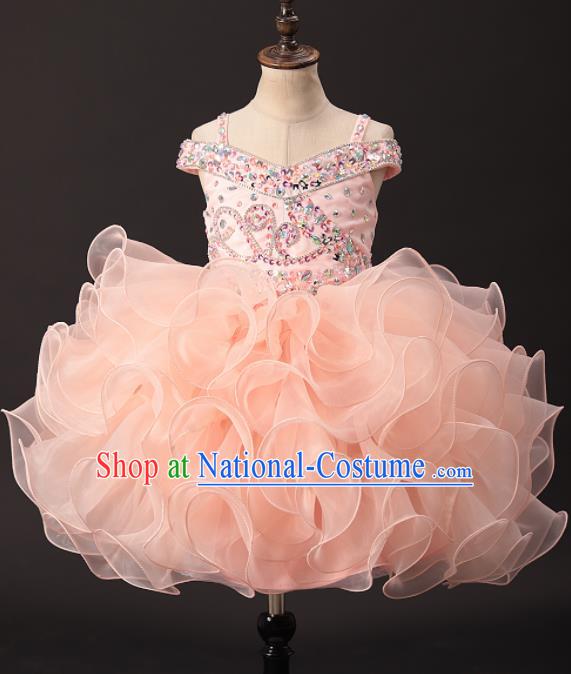 Professional Girls Catwalks Diamante Pink Dress Modern Fancywork Compere Stage Show Costume for Kids