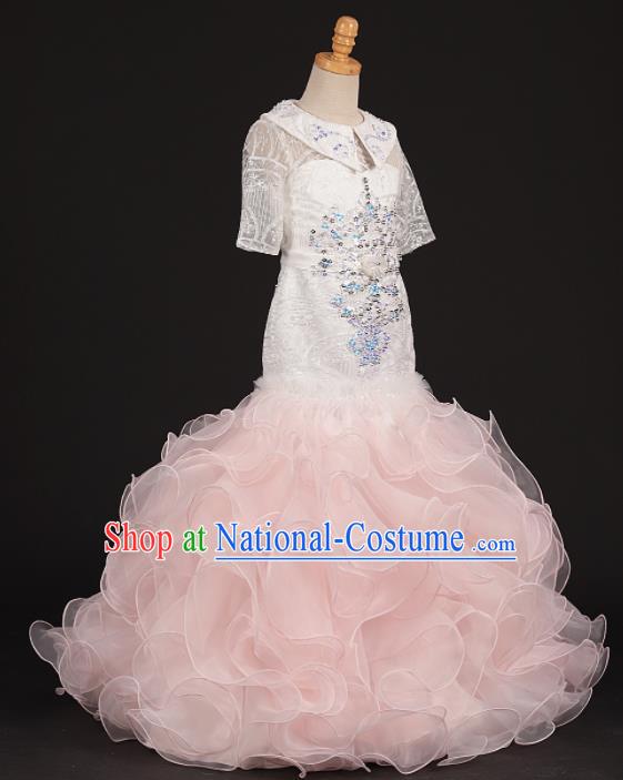 Professional Girls Catwalks Modern Fancywork Pink Veil Mermaid Dress Compere Stage Show Costume for Kids