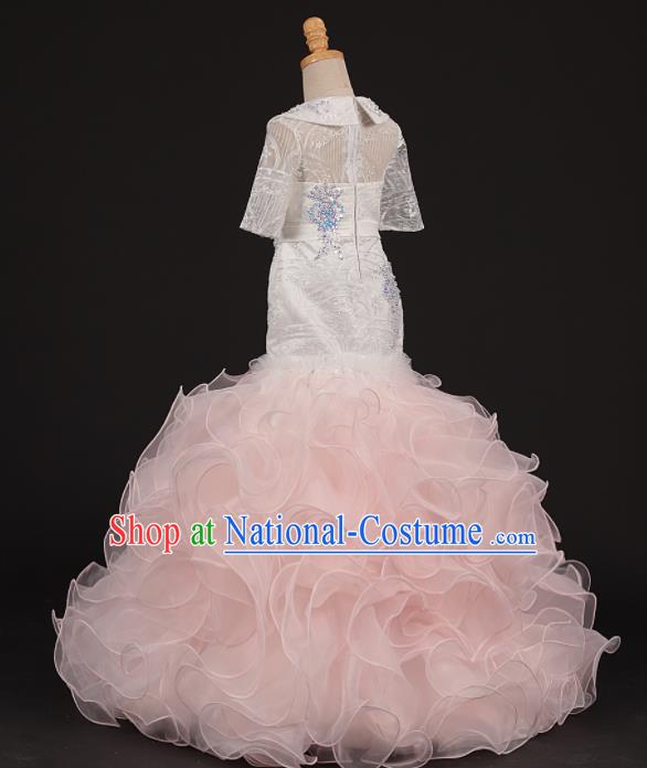 Professional Girls Catwalks Modern Fancywork Pink Veil Mermaid Dress Compere Stage Show Costume for Kids