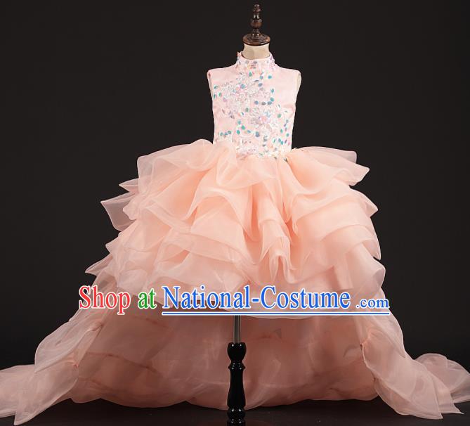 Professional Girls Modern Fancywork Pink Veil Trailing Dress Catwalks Compere Stage Show Costume for Kids