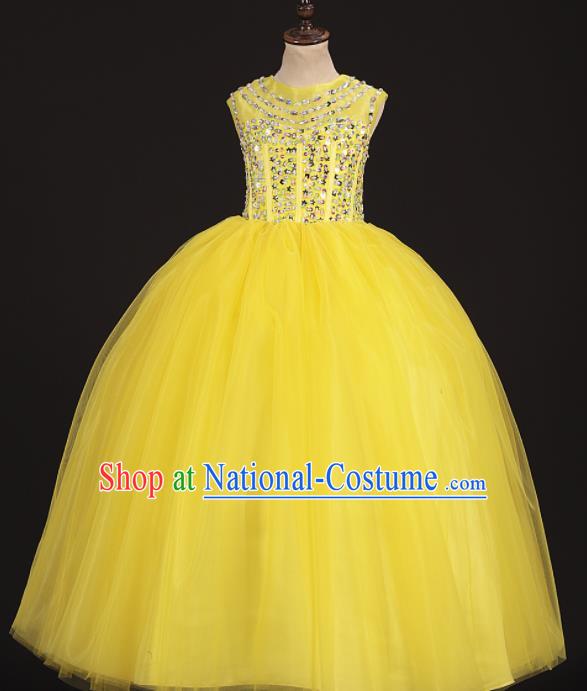 Professional Girls Modern Fancywork Yellow Veil Dress Catwalks Compere Stage Show Costume for Kids