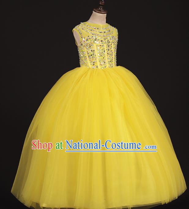 Professional Girls Modern Fancywork Yellow Veil Dress Catwalks Compere Stage Show Costume for Kids