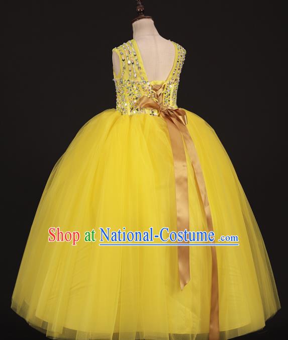 Professional Girls Modern Fancywork Yellow Veil Dress Catwalks Compere Stage Show Costume for Kids