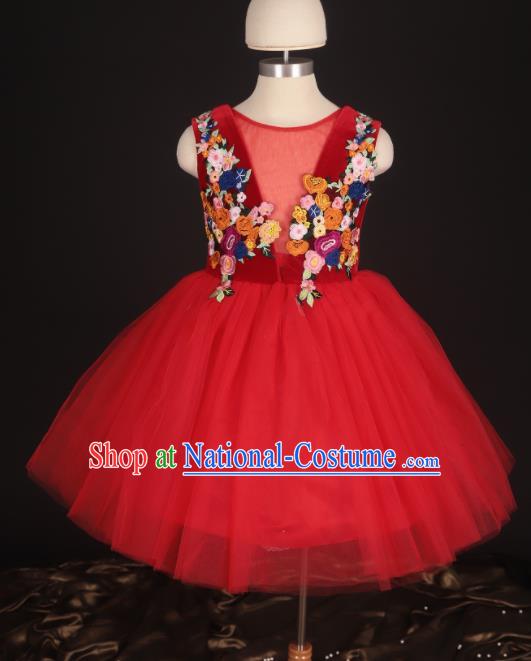 Professional Girls Modern Fancywork Red Veil Bubble Dress Catwalks Compere Stage Show Costume for Kids