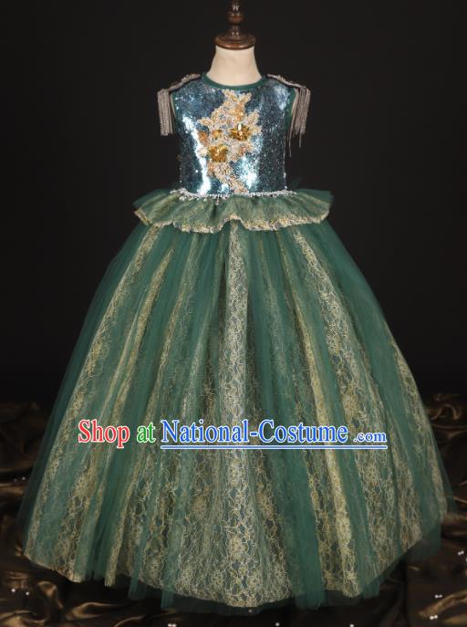 Professional Girls Modern Fancywork Green Lace Dress Catwalks Compere Stage Show Costume for Kids