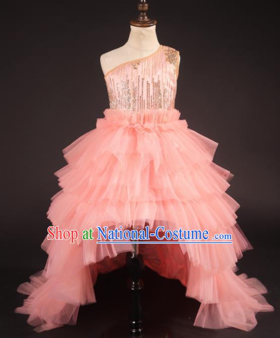 Professional Girls Modern Fancywork Pink Veil Trailing Dress Catwalks Compere Stage Show Costume for Kids