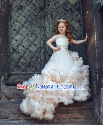 Professional Girls Modern Fancywork Trailing Dress Catwalks Compere Stage Show Costume for Kids