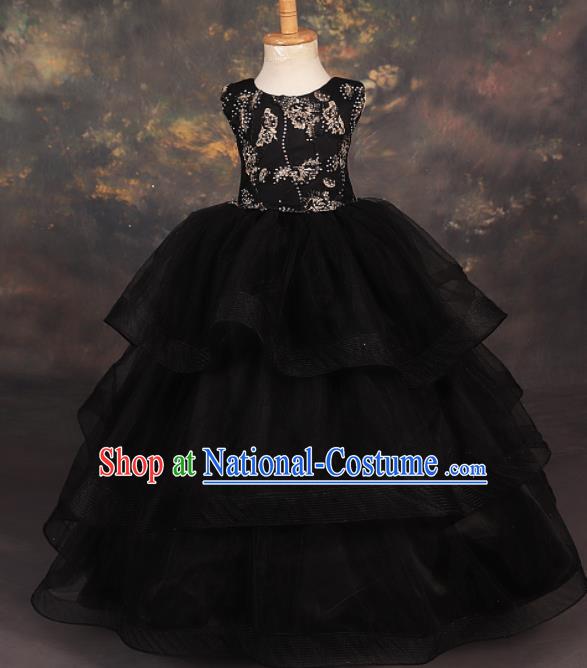 Professional Girls Modern Fancywork Black Veil Dress Catwalks Compere Stage Show Costume for Kids