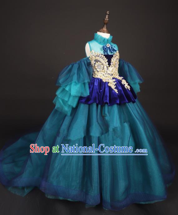 Professional Girls Modern Fancywork Blue Full Dress Catwalks Compere Stage Show Costume for Kids