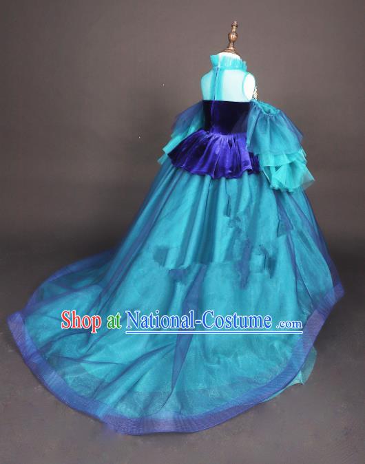 Professional Girls Modern Fancywork Blue Full Dress Catwalks Compere Stage Show Costume for Kids