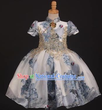 Chinese Stage Performance Folk Dance White Full Dress Catwalks Modern Fancywork Dance Costume for Kids