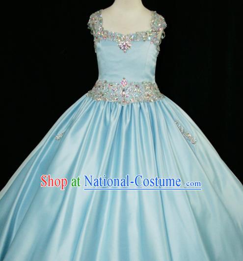 Professional Girls Compere Blue Full Dress Modern Fancywork Catwalks Stage Show Costume for Kids