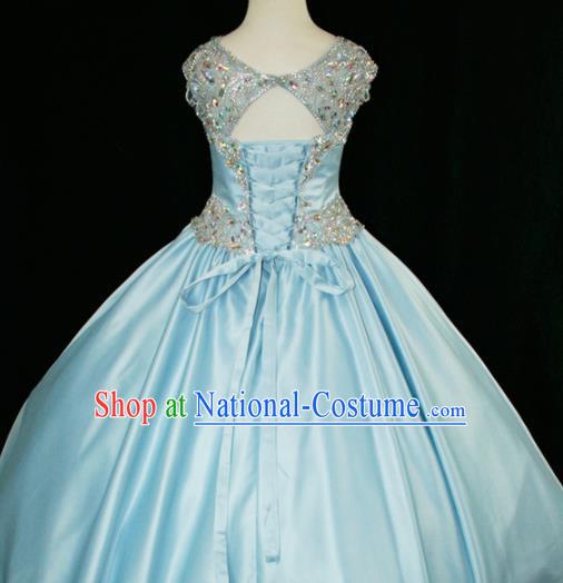 Professional Girls Compere Blue Full Dress Modern Fancywork Catwalks Stage Show Costume for Kids