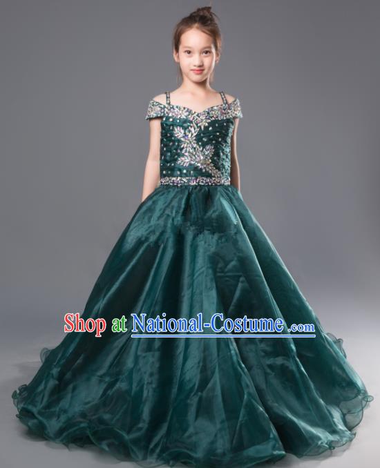 Professional Girls Compere Atrovirens Full Dress Modern Fancywork Catwalks Stage Show Costume for Kids