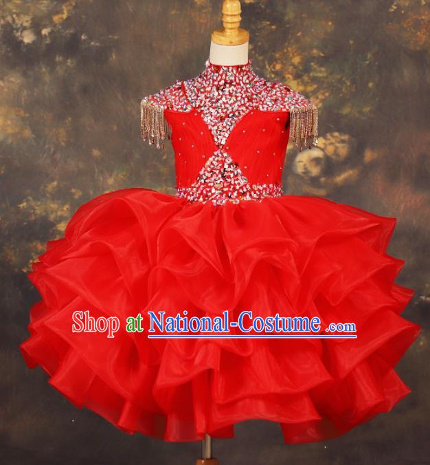 Chinese Stage Performance Crystal Red Full Dress Catwalks Modern Fancywork Dance Costume for Kids