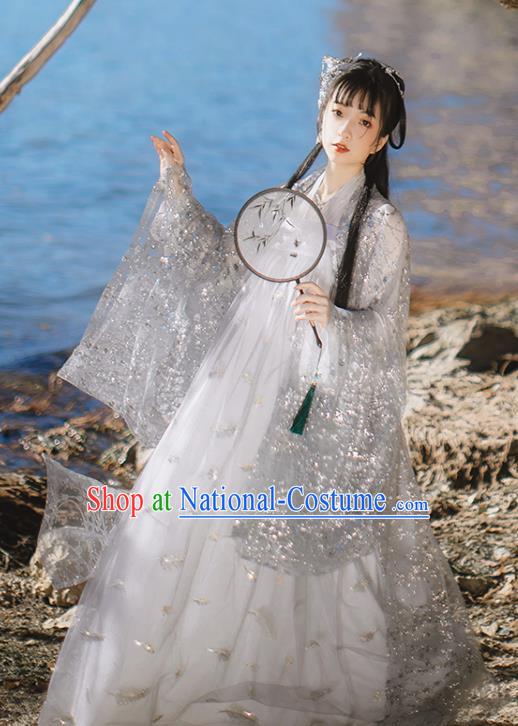 Chinese Traditional Ancient Peri Goddess Grey Hanfu Dress Tang Dynasty Court Princess Historical Costume for Women