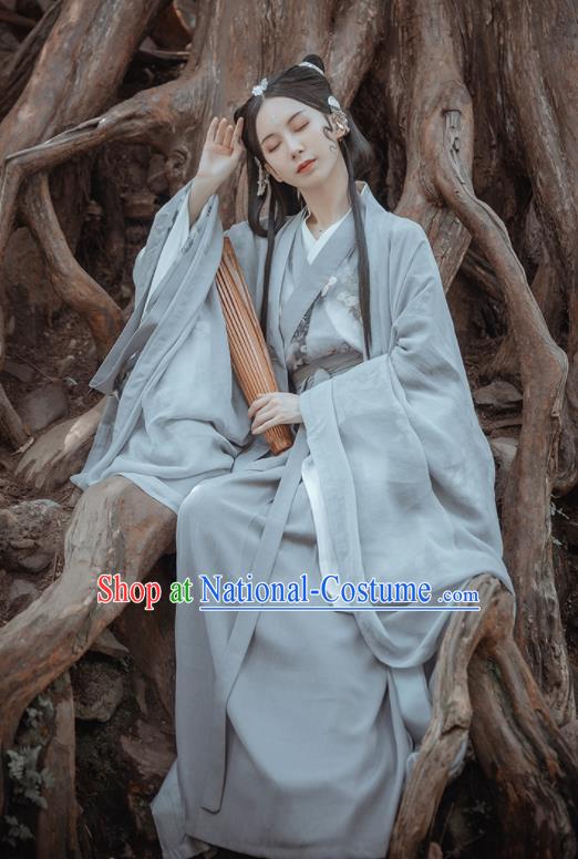 Chinese Traditional Ancient Female Swordsman Grey Hanfu Dress Jin Dynasty Court Princess Historical Costume for Women