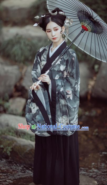 Chinese Ancient Court Lady Printing Lotus Black Hanfu Dress Traditional Jin Dynasty Princess Historical Costume for Women