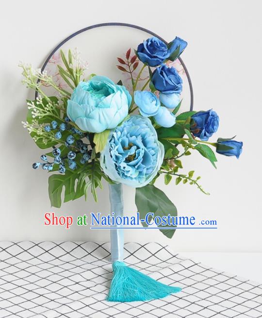 Handmade Chinese Classical Wedding Palace Fans Bride Holding Blue Peony Round Fans for Women