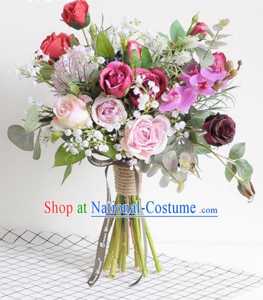 Handmade Classical Wedding Bride Holding Emulational Flowers Rose Flowers Ball Hand Tied Bouquet Flowers for Women