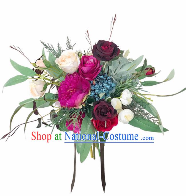 Handmade Classical Wedding Bride Holding Emulational Flowers Peony Flowers Ball Hand Tied Bouquet Flowers for Women