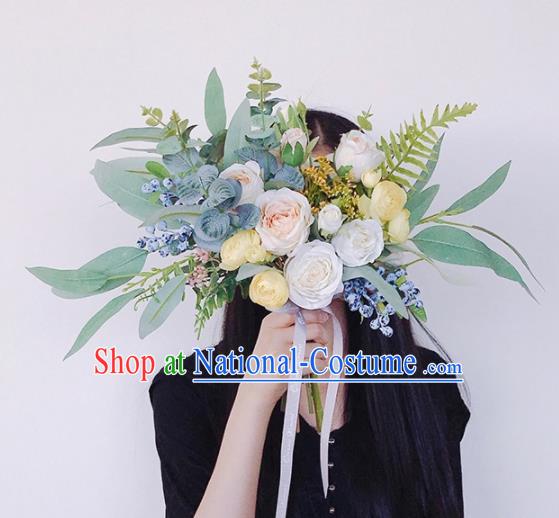 Handmade Classical Wedding Bride Holding Emulational Flowers Rose Flowers Ball Hand Tied Bouquet Flowers for Women