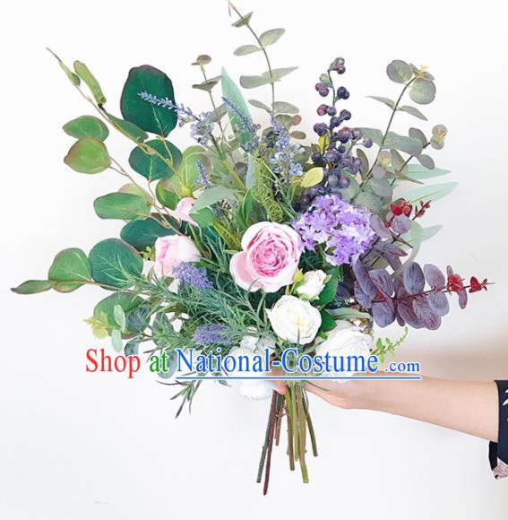 Handmade Classical Wedding Bride Holding Emulational Purple Flowers Ball Hand Tied Bouquet Flowers for Women