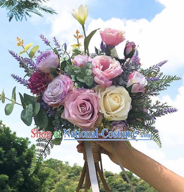 Handmade Classical Wedding Bride Holding Emulational Flowers Ball Light Purple Rose Hand Tied Bouquet Flowers for Women