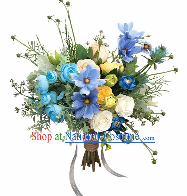 Handmade Classical Wedding Bride Holding Emulational Blue Flowers Ball Hand Tied Bouquet Flowers for Women