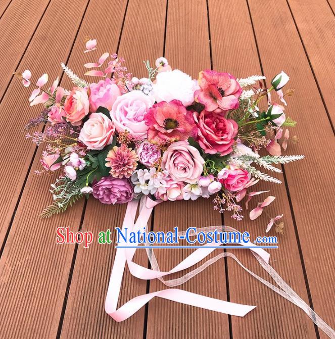 Handmade Classical Wedding Bride Holding Emulational Pink Rose Flowers Ball Hand Tied Bouquet Flowers for Women