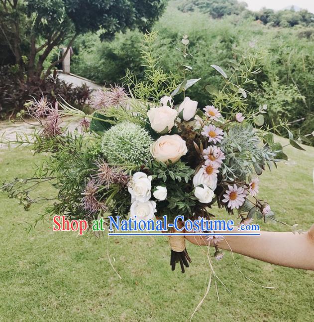 Handmade Wedding Bride Holding Emulational Classical Grass Rose Flowers Ball Hand Tied Bouquet Flowers for Women